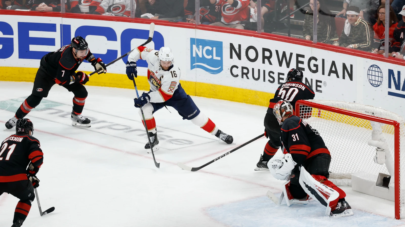 Aleksander Barkov carries the puck for Florida against Carolina during the 2025 Eastern Conference Final. File photo.