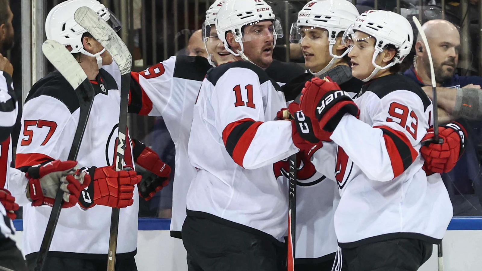 File photo: New Jersey Devils forward Amadeus Lombardi (93) celebrates with teammates after scoring against the New York Rangers at Madison Square Garden on Sept. 24, 2026.