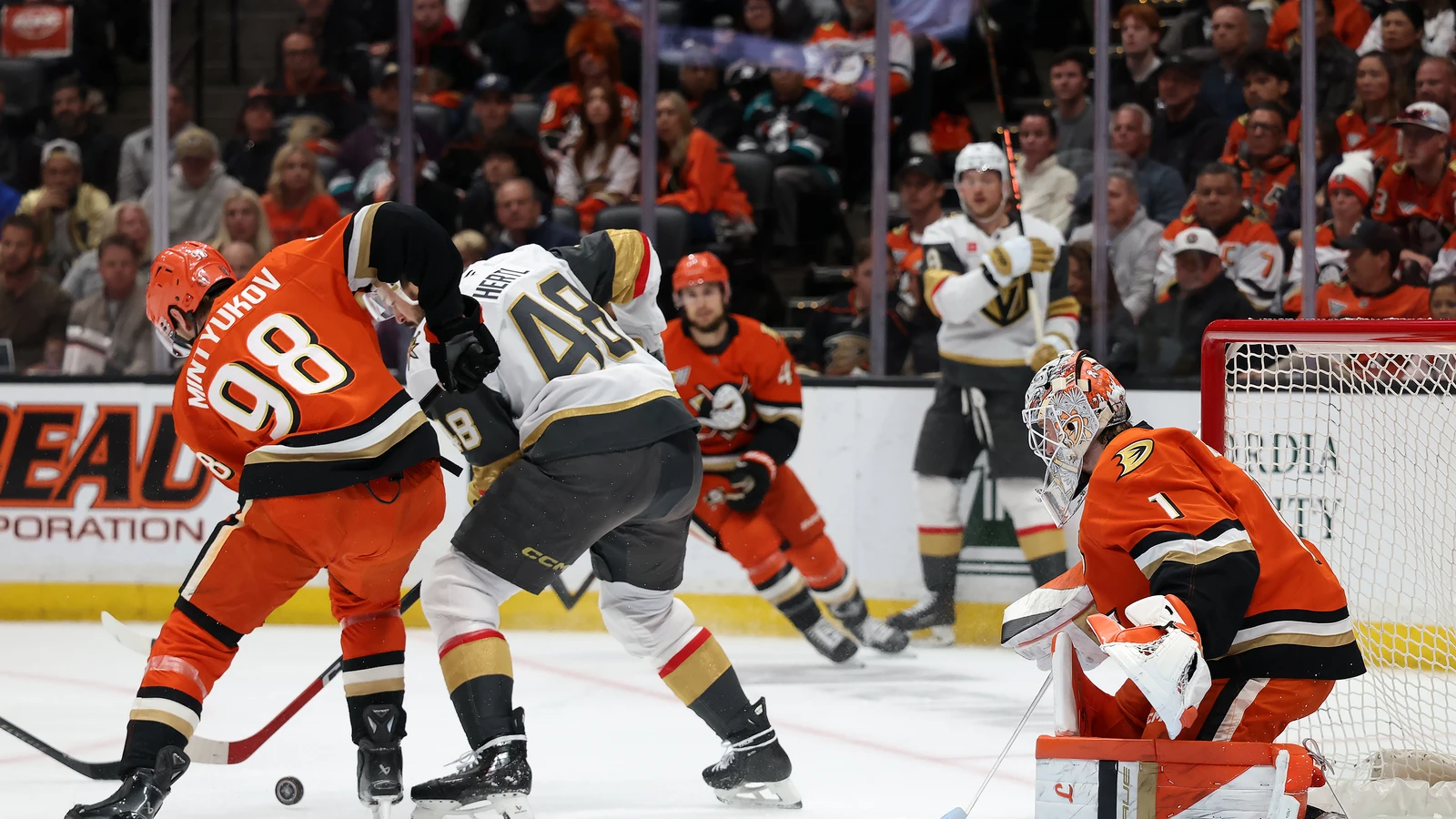 Anaheim Ducks goaltender Lukas Dostal defends against Vegas at Honda Center in May 2026. File photo.
