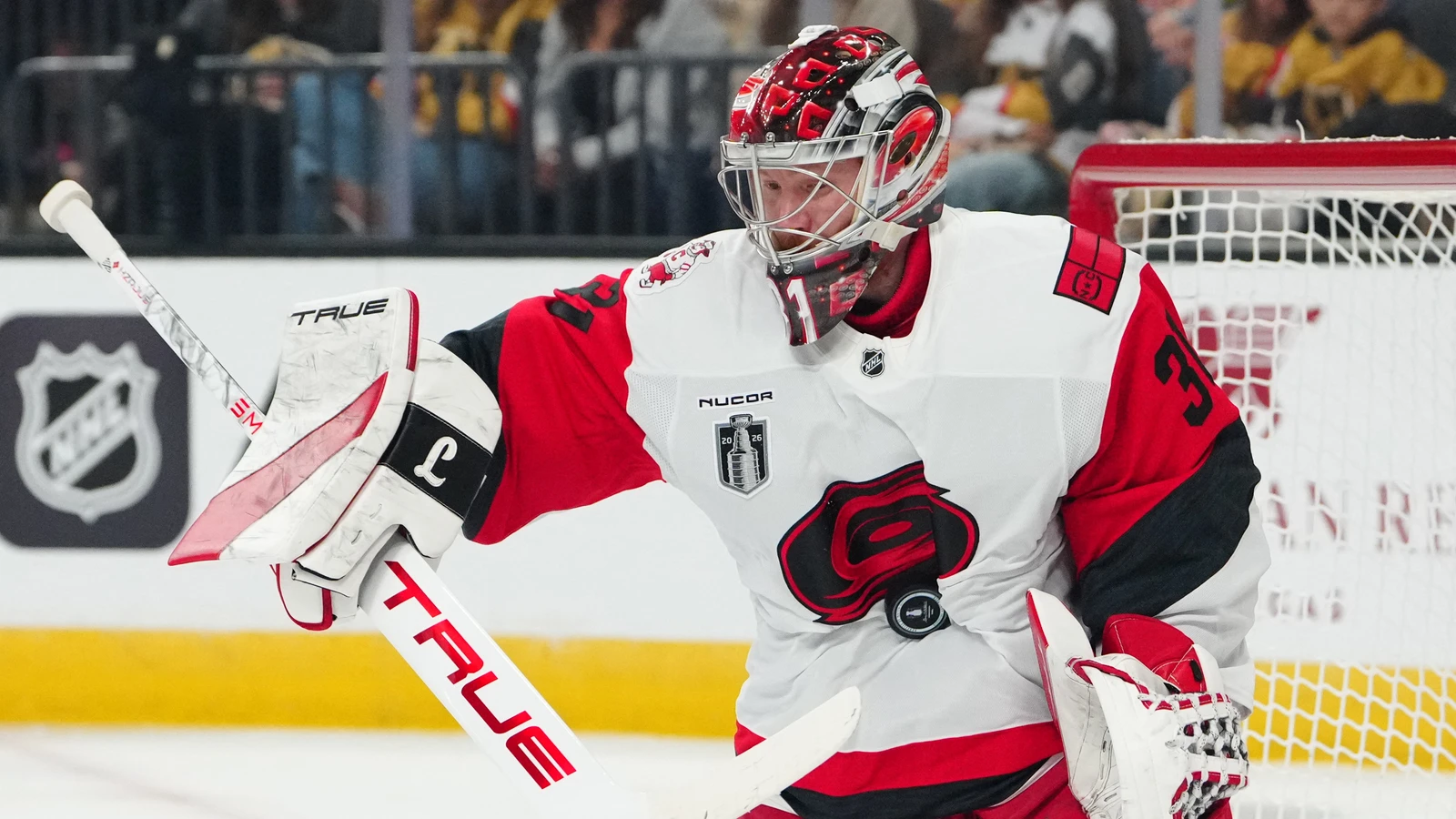 Frederik Andersen makes a save for Carolina against Vegas during the Stanley Cup Final on June 6, 2026. File photo.