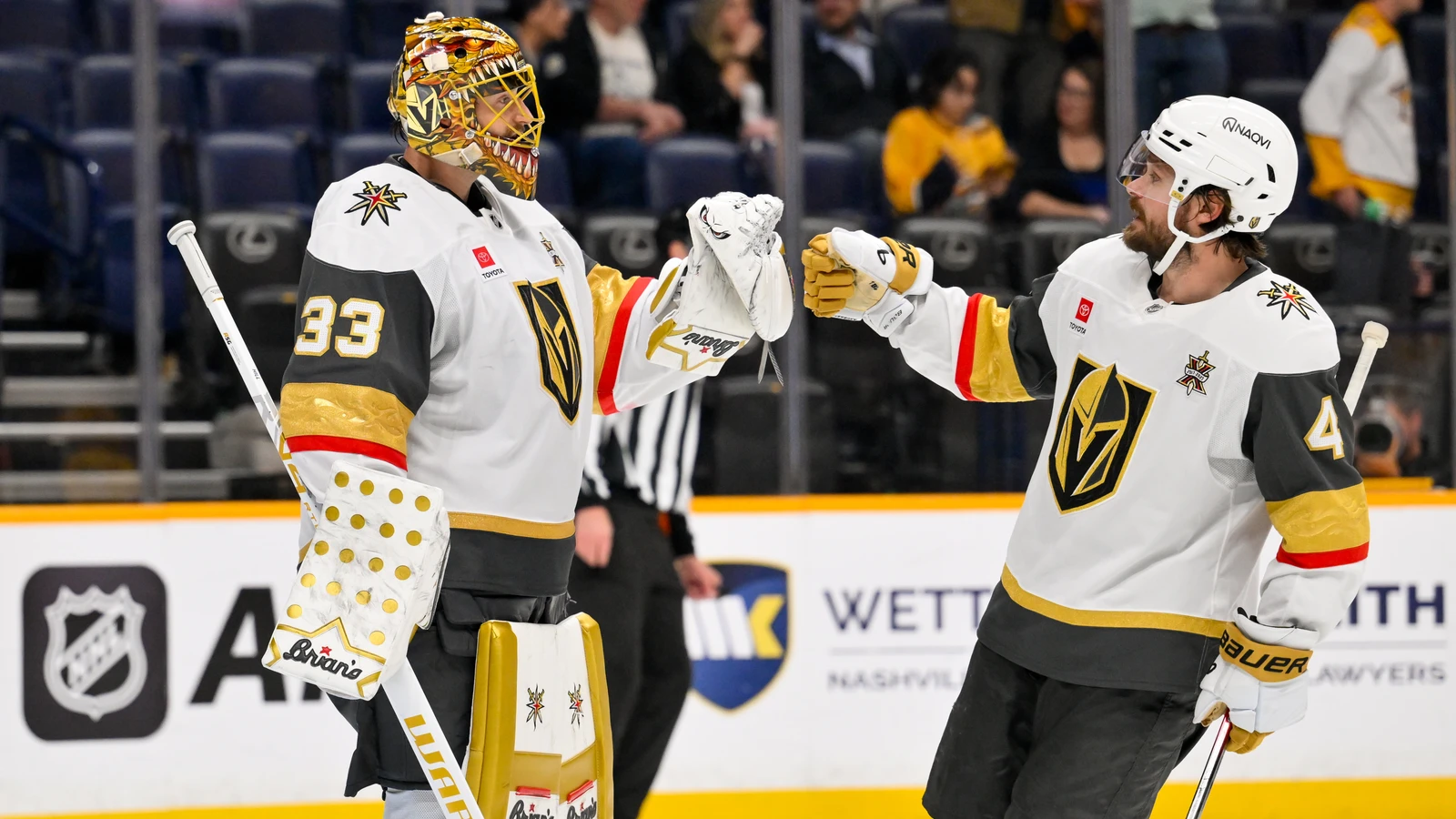 File photo: Vegas Golden Knights defenceman Rasmus Andersson exchanges a glove tap with goaltender Adin Hill after a game in Nashville.