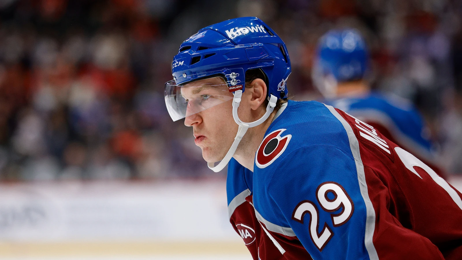 File photo: Avalanche centre Nathan MacKinnon looks on during a game against the Devils at Ball Arena.
