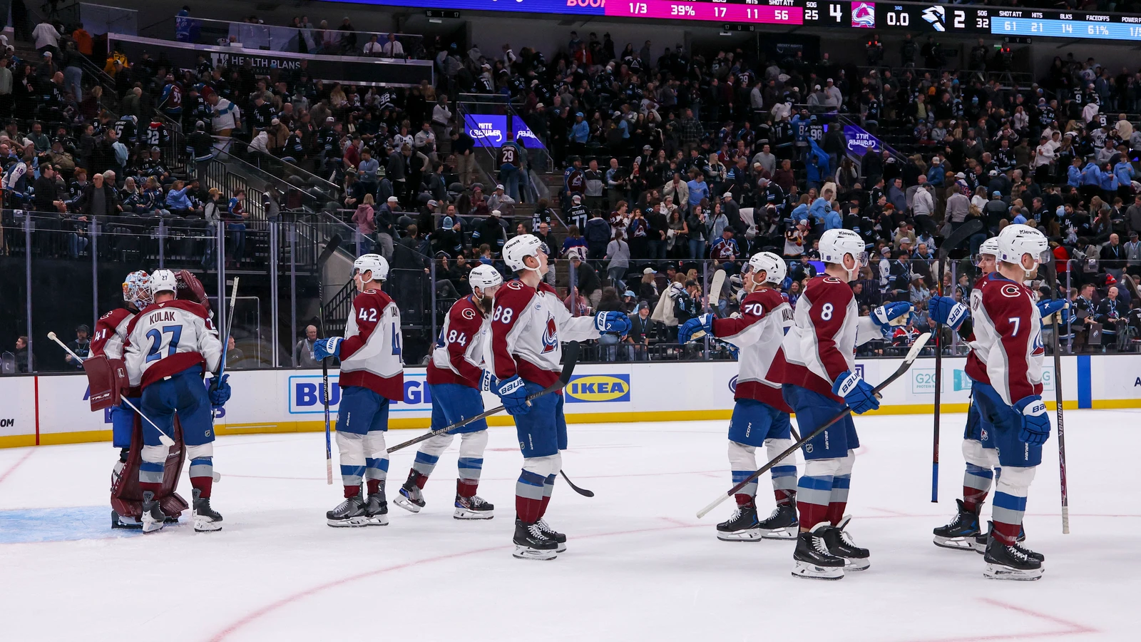 Colorado Avalanche players celebrate a win over the Utah Mammoth at Delta Center on February 25, 2026. File photo.