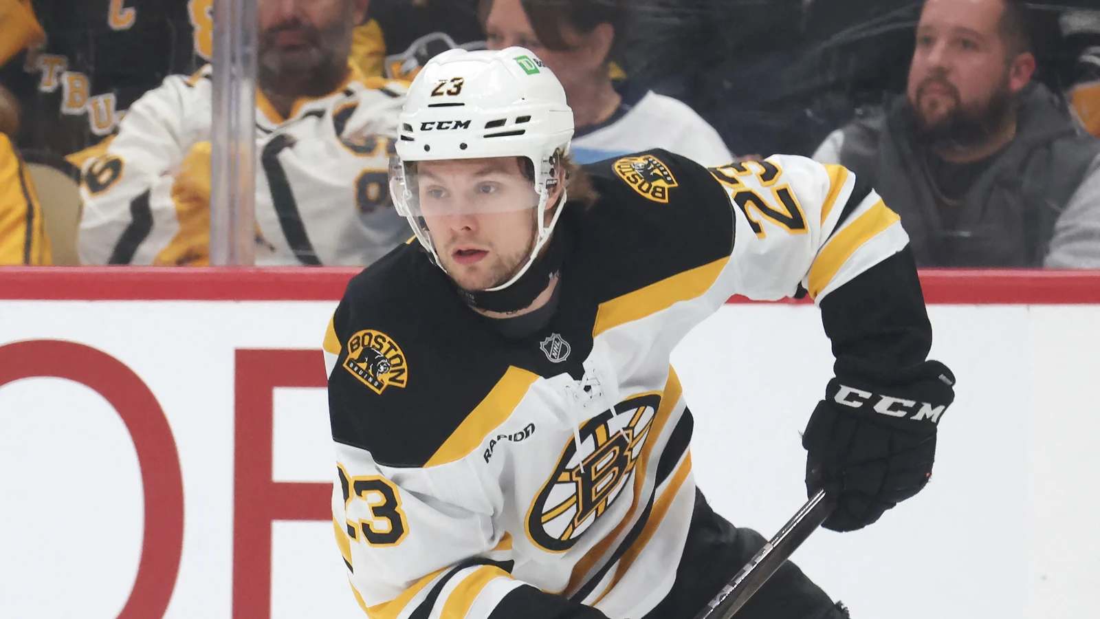 File photo: Fabian Lysell, wearing a Boston Bruins jersey, skates with the puck against the Pittsburgh Penguins on April 13, 2025.