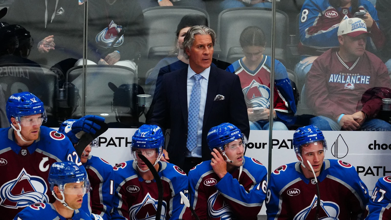 File photo: Colorado Avalanche head coach Jared Bednar stands behind the bench during a Sept. 25, 2026 preseason game against the Winnipeg Jets at Ball Arena in Denver.