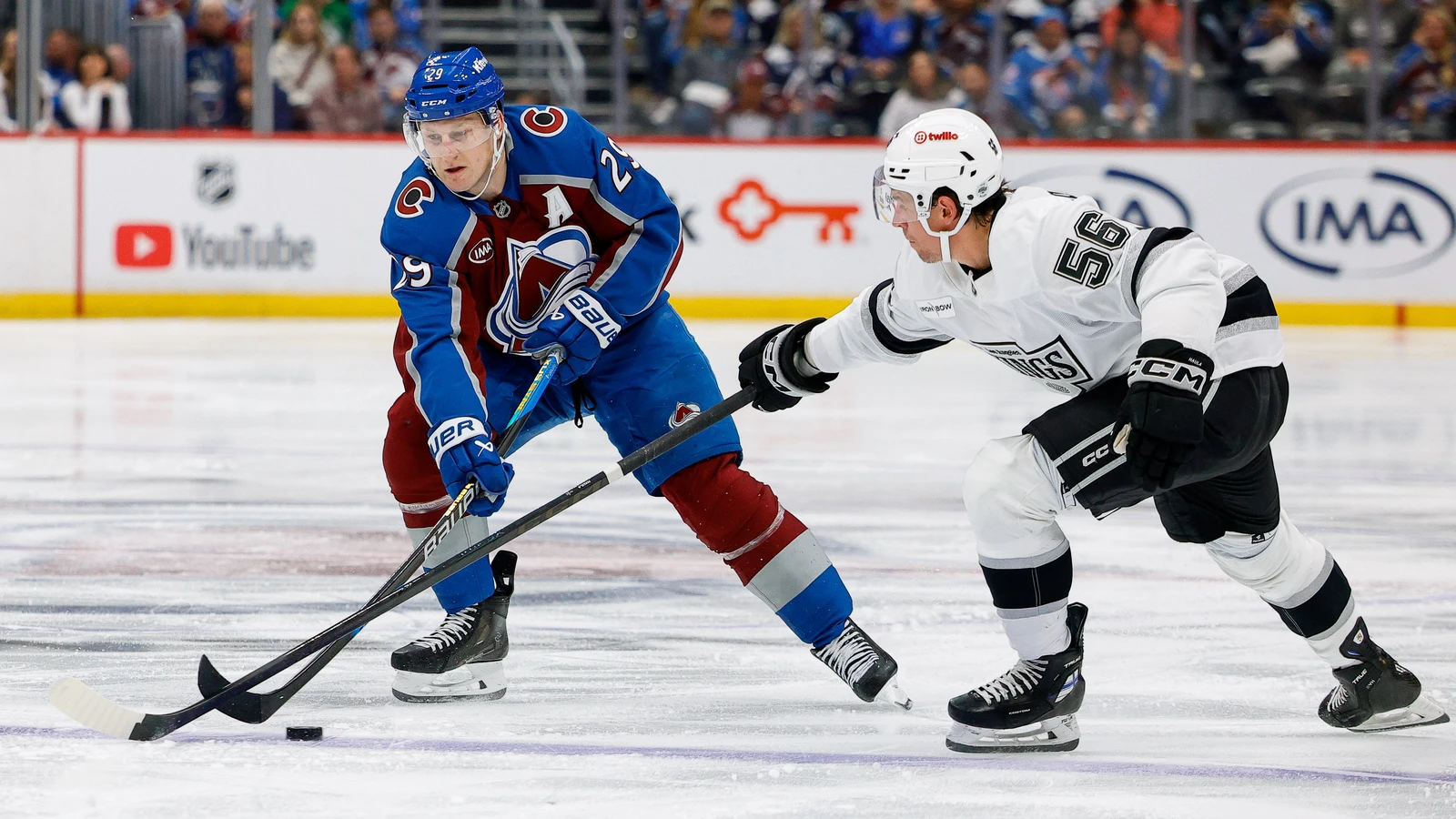 File photo: Colorado Avalanche centre Nathan MacKinnon controls the puck as Los Angeles Kings forward Erik Haula defends at Ball Arena.