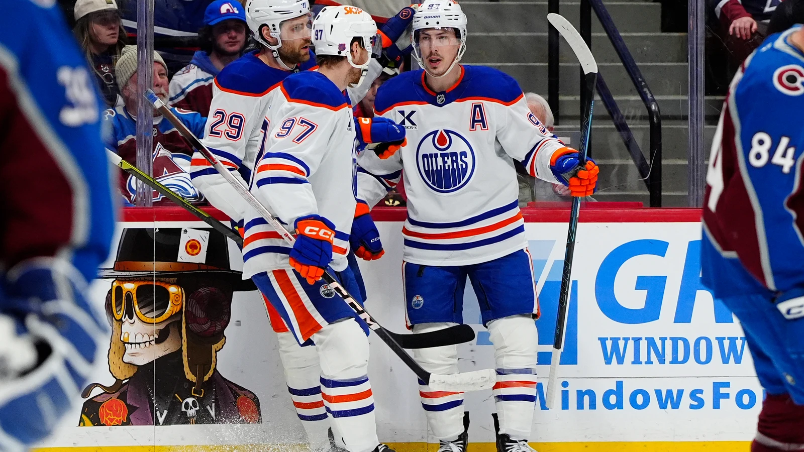 File photo: Leon Draisaitl, Connor McDavid and Ryan Nugent-Hopkins celebrate an Oilers goal against Colorado at Ball Arena on March 10, 2026.