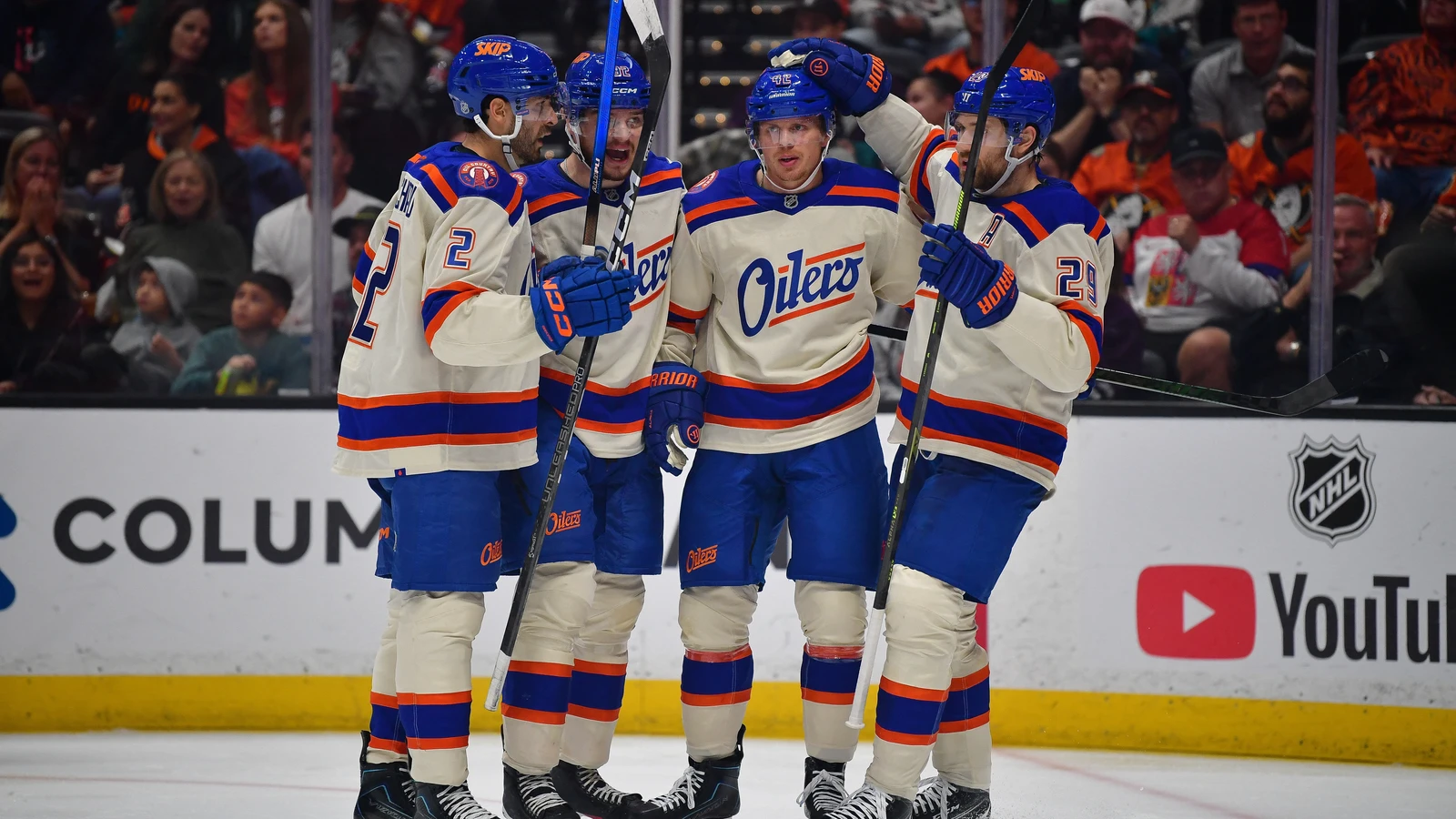 File photo: Evan Bouchard celebrates with Edmonton Oilers teammates after scoring against the Anaheim Ducks at Honda Center.
