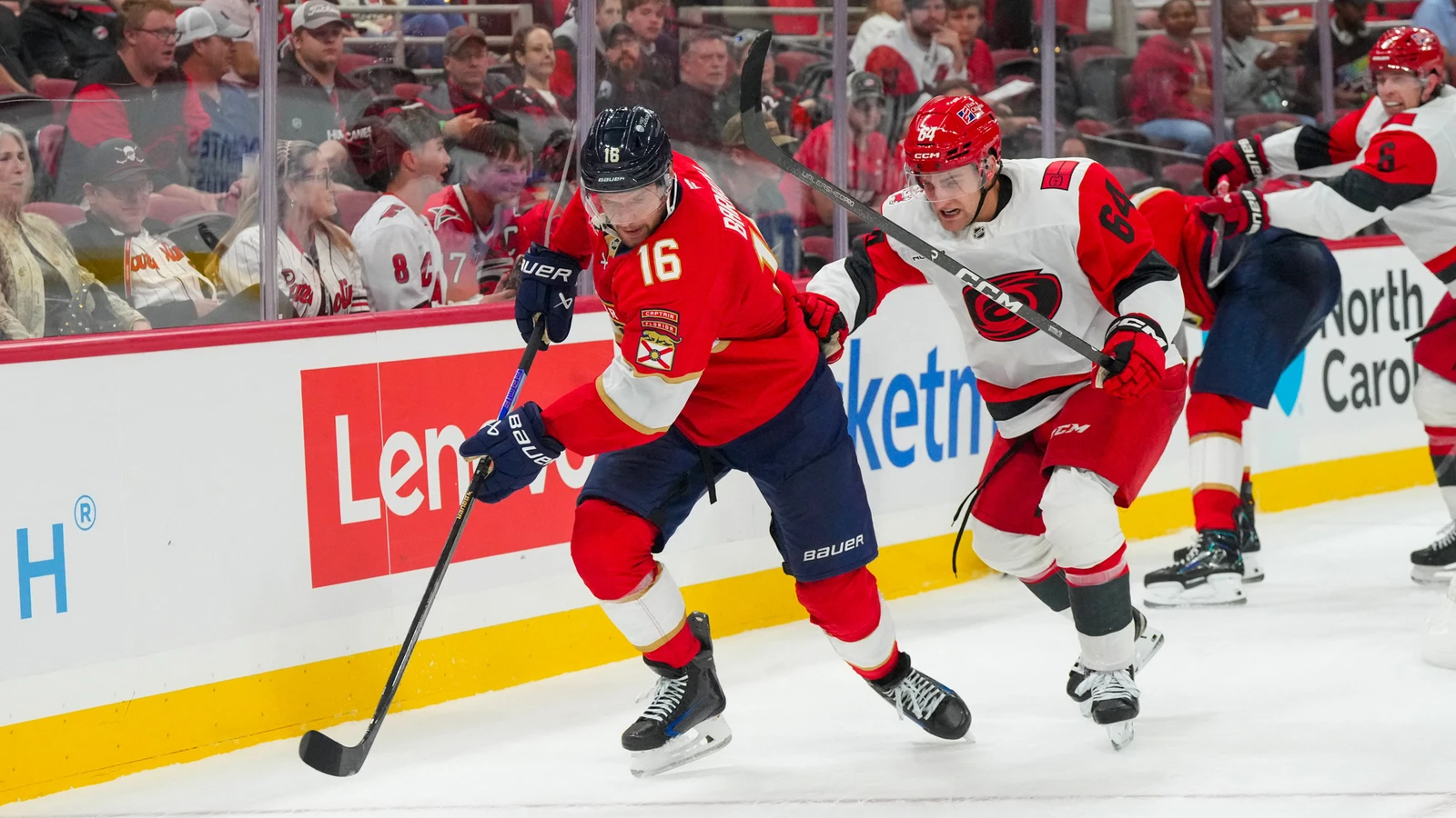 File photo: Florida Panthers centre Aleksander Barkov (16) skates with the puck against the Carolina Hurricanes during a Sept. 22, 2026 preseason game in Raleigh.