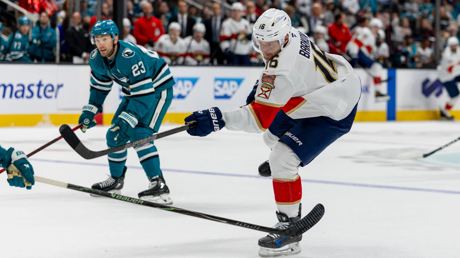 Florida Panthers centre Aleksander Barkov shoots during the first period against the San Jose Sharks at SAP Center.