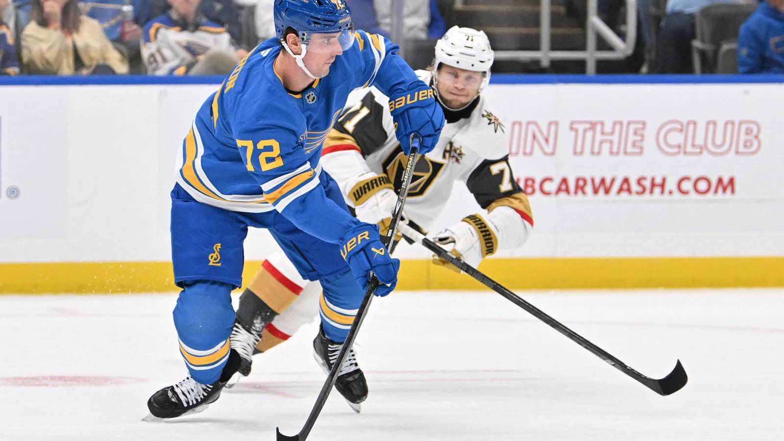 St. Louis Blues defenceman Justin Barron controls the puck against the Vegas Golden Knights at Enterprise Center.