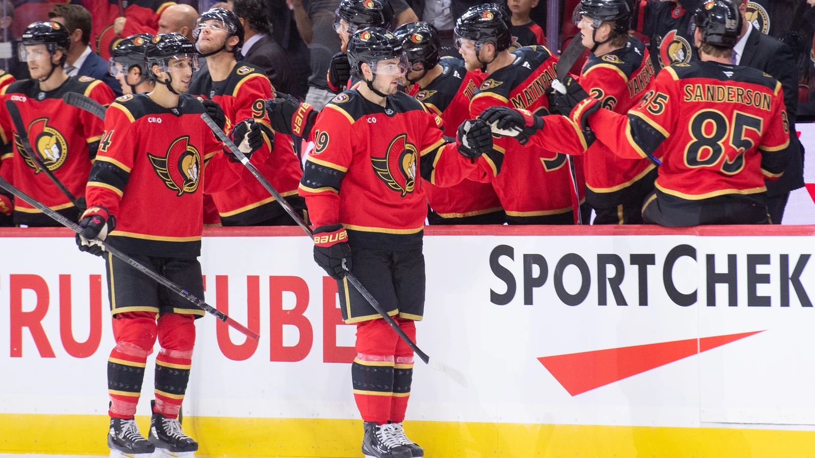 Drake Batherson celebrates a goal beside the Ottawa Senators bench against the New York Rangers.