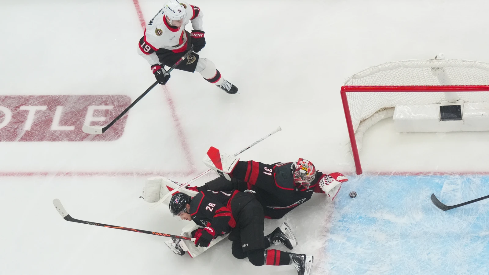 Drake Batherson attacks the Carolina net for Ottawa in Game 2 on April 20, 2026. File photo.