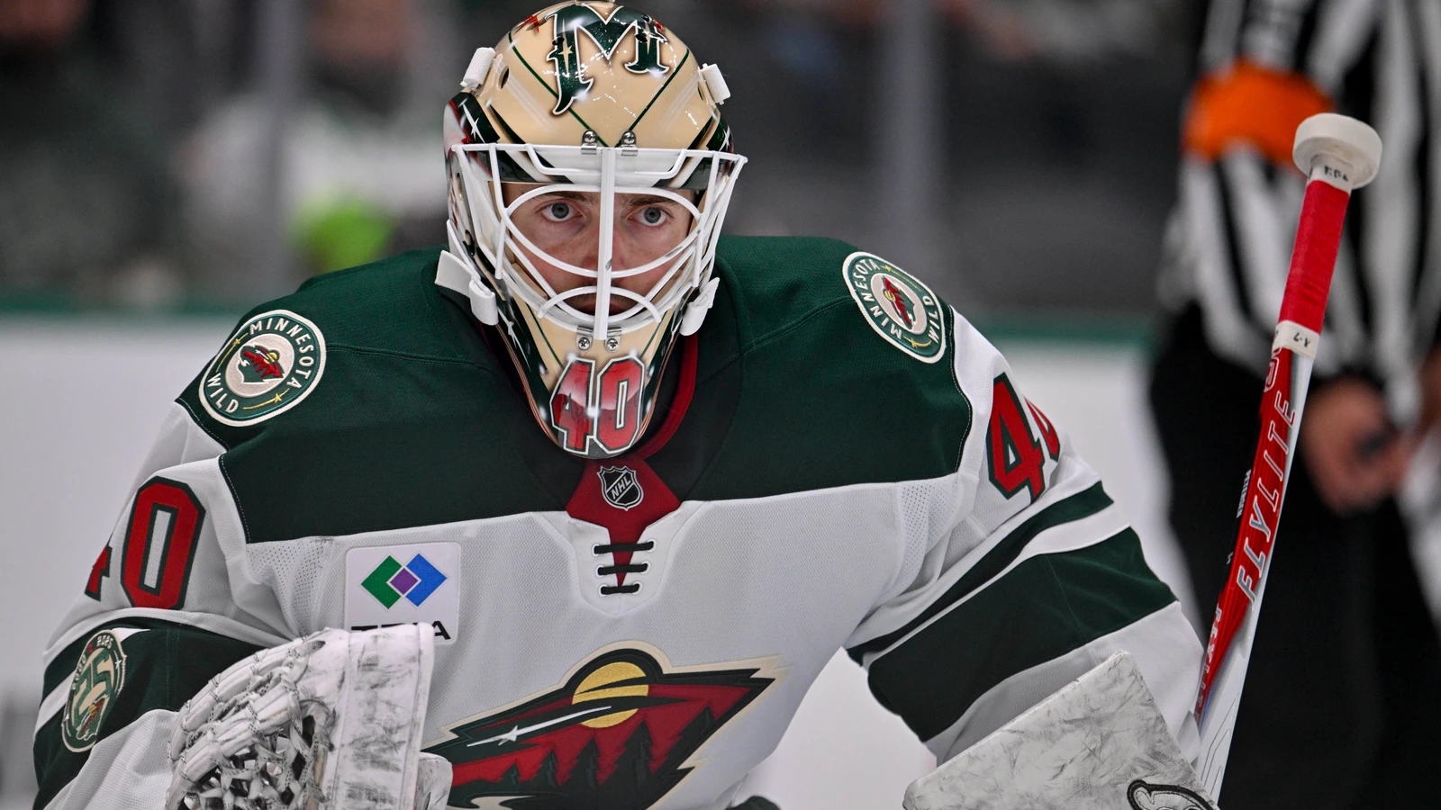 File photo: Cal Petersen, wearing Minnesota Wild goaltending gear, watches the play during a preseason game against the Dallas Stars on September 23, 2025.