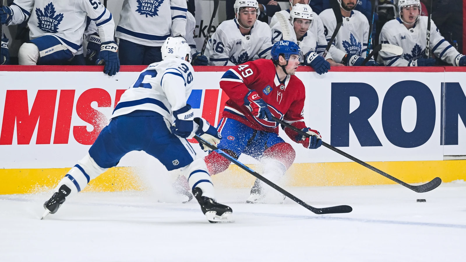 Toronto Maple Leafs defenseman Ben Danford, number 38, defends Montreal Canadiens center Jared Davidson during a September 25, 2025 preseason game at Bell Centre. File photo; it does not show the Calder Cup run or Danford’s later comments.