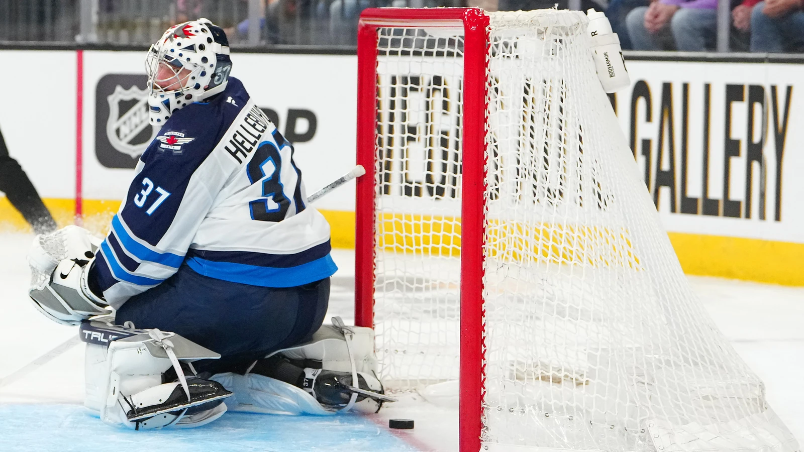 File photo: Winnipeg Jets goaltender Connor Hellebuyck looks back as the puck crosses the goal line during a game against the Vegas Golden Knights at T-Mobile Arena in Las Vegas on April 13, 2026.