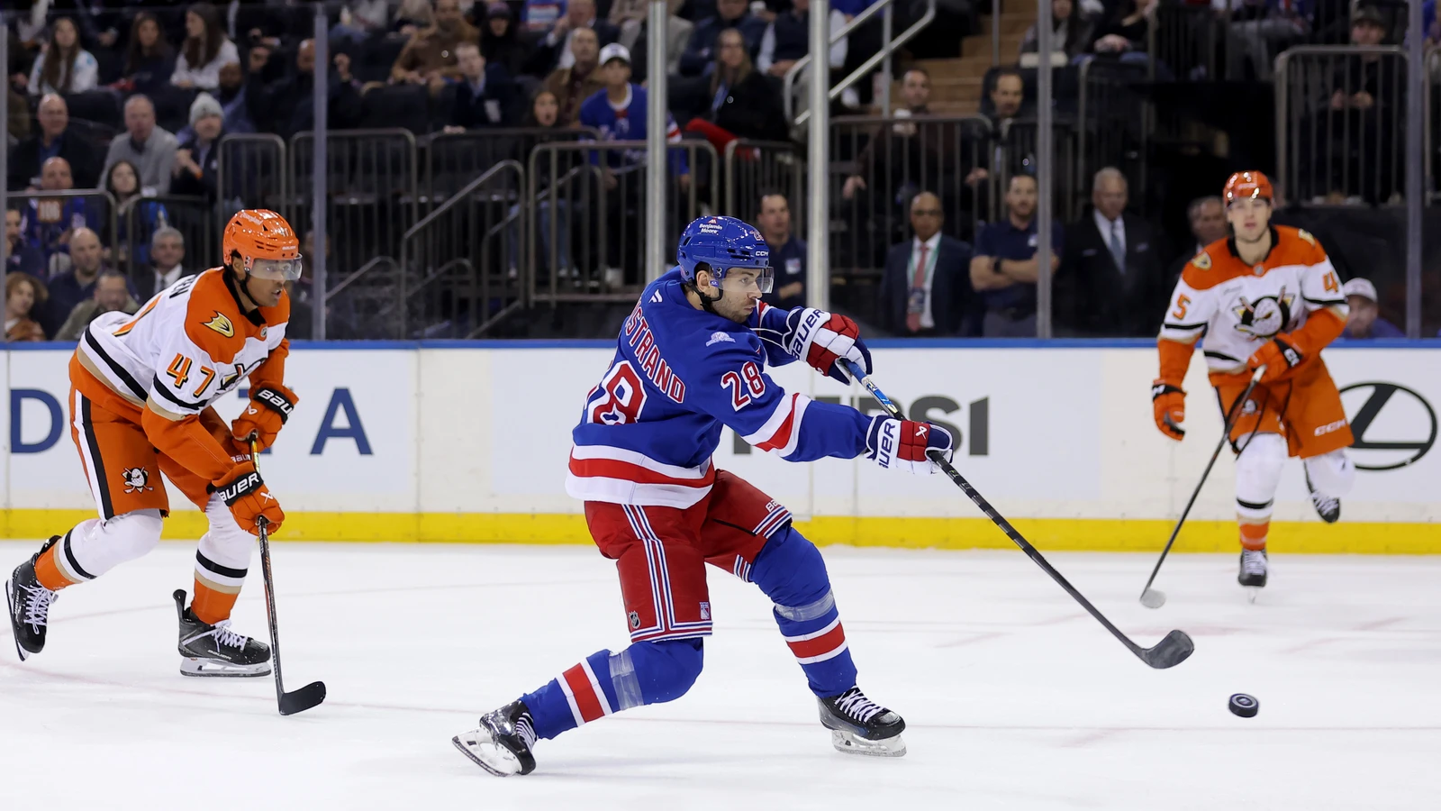 Oliver Bjorkstrand shoots the puck against the Anaheim Ducks at Madison Square Garden.