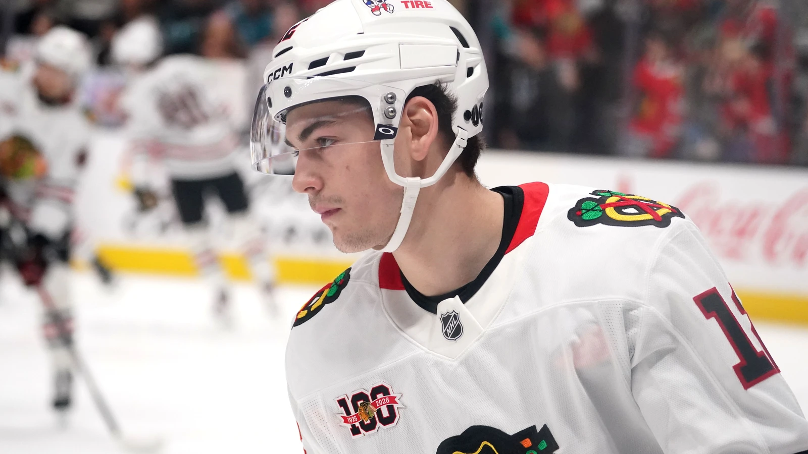 File photo: Chicago Blackhawks centre Sacha Boisvert warms up before a game against the San Jose Sharks on April 6, 2026.