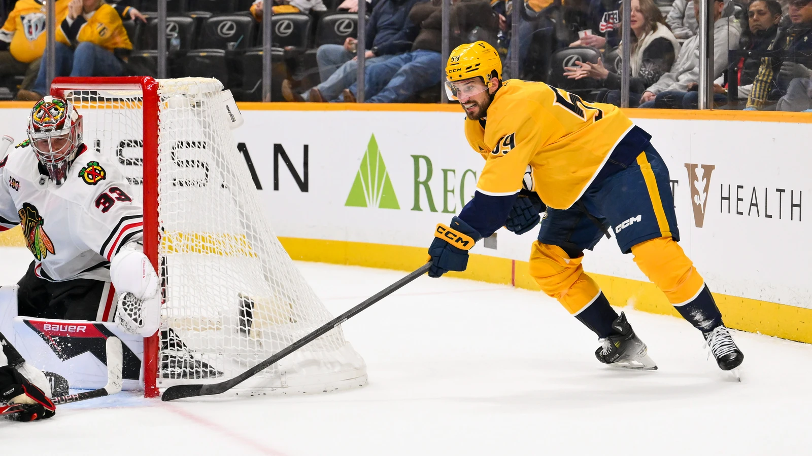 File photo: Chicago Blackhawks goaltender Drew Commesso guards the net as Nashville Predators defenceman Roman Josi approaches during a January 10, 2026 game in Nashville.