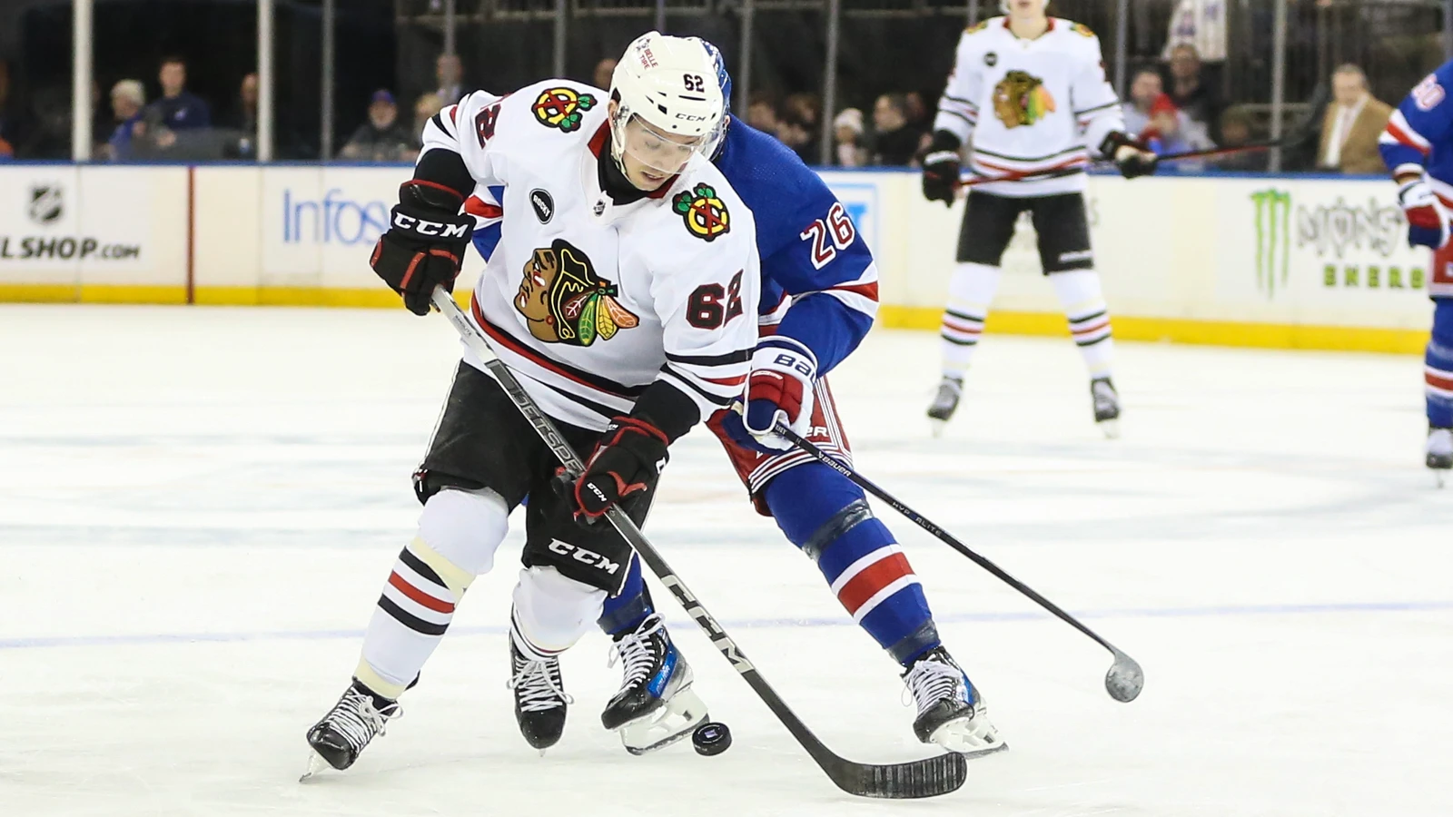 File photo: Chicago Blackhawks forward Brett Seney (62) battles New York Rangers forward Jimmy Vesey (26) for the puck at Madison Square Garden on Jan. 4, 2024.