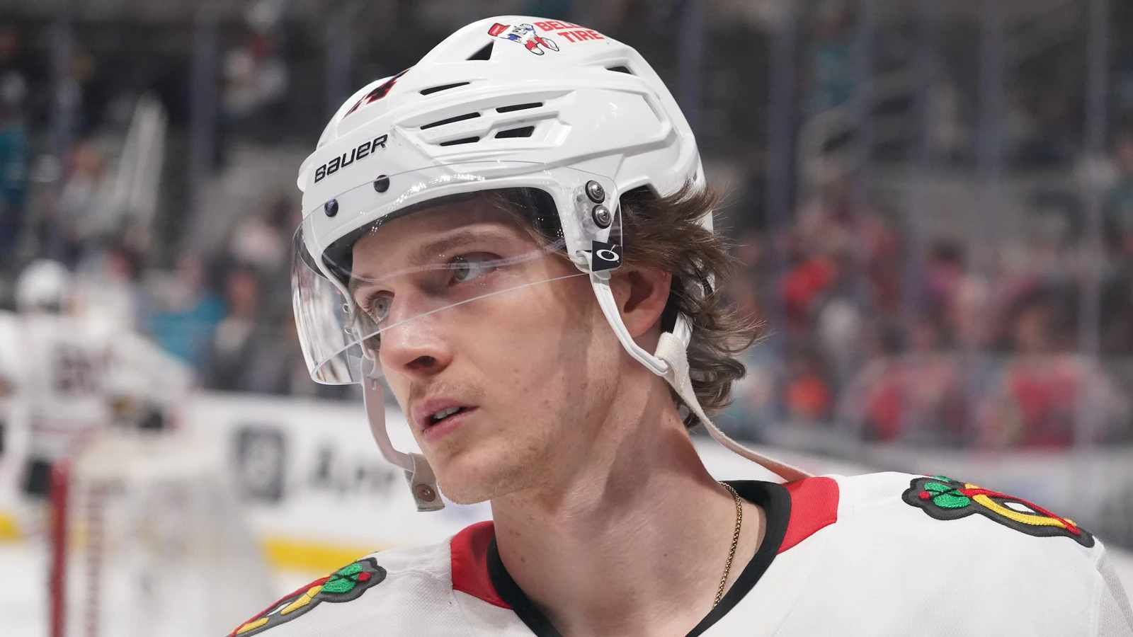 Kevin Korchinski warms up for Chicago before a game in San Jose on April 6, 2026. File photo.