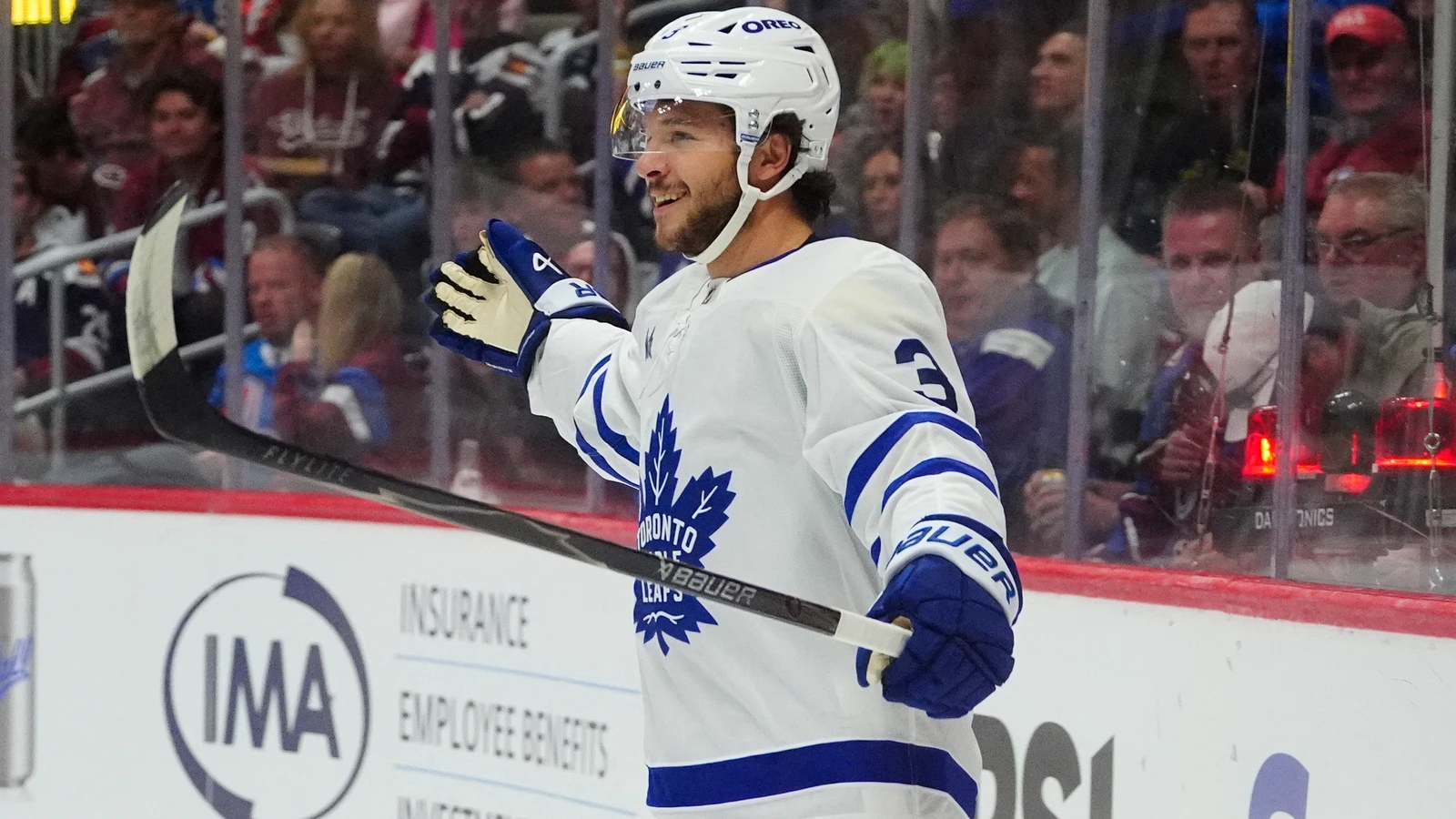 Toronto Maple Leafs defenceman Nick Blankenburg celebrates his goal against the Colorado Avalanche at Ball Arena.