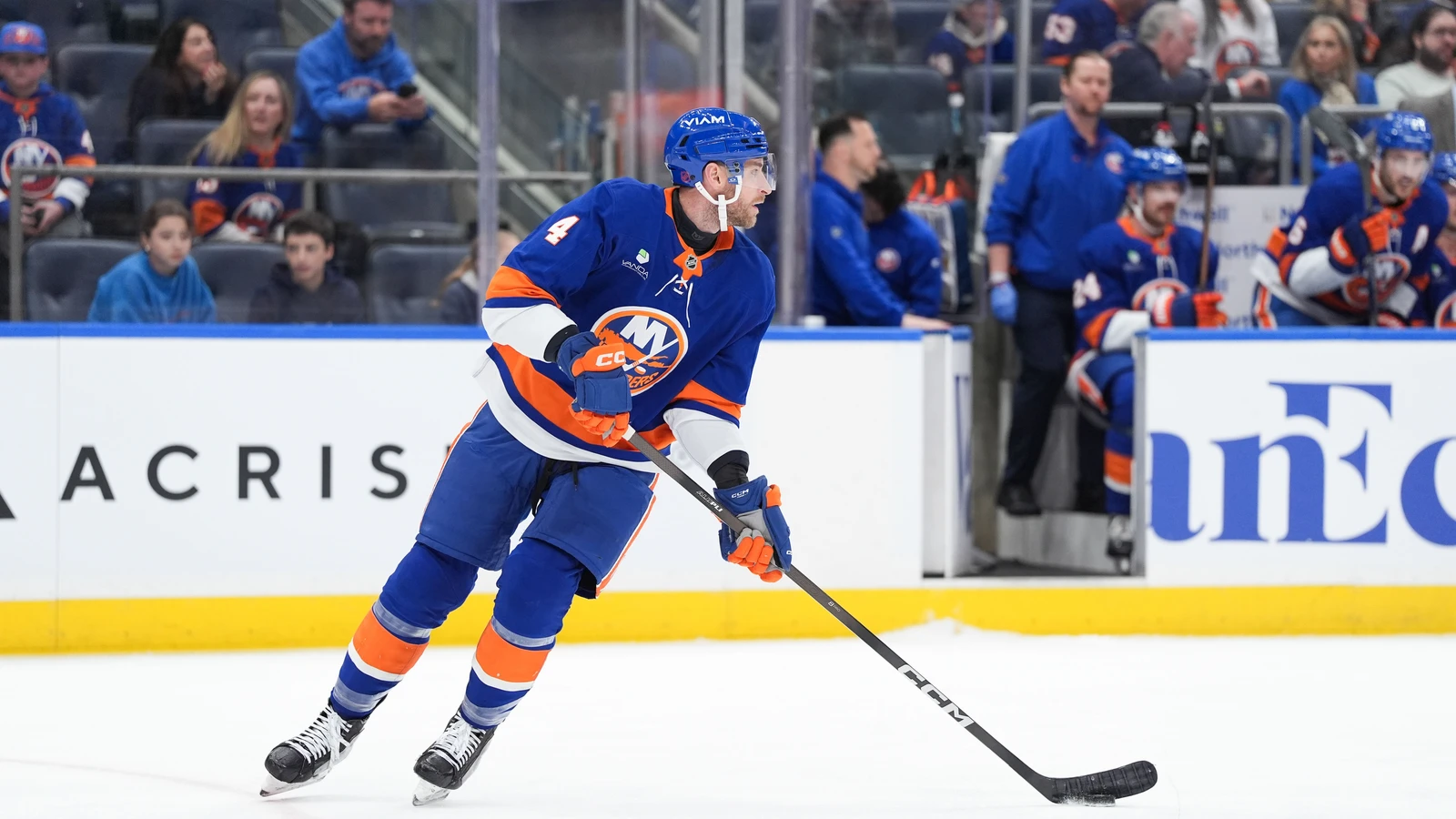 Carson Soucy handles the puck for the New York Islanders against Philadelphia on April 3, 2026. File photo.