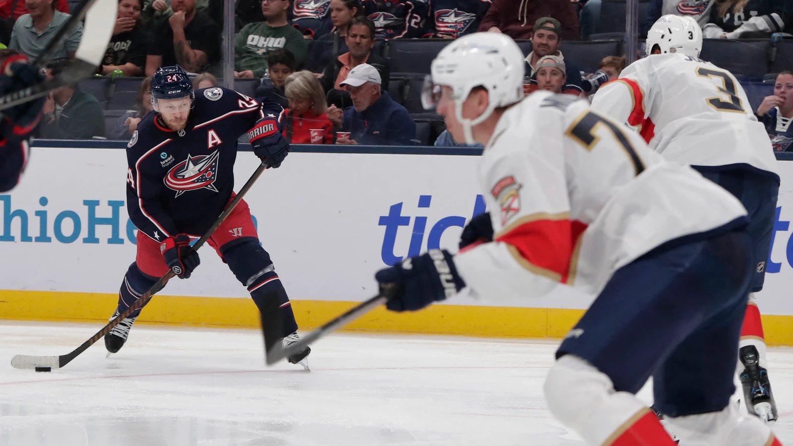Mathieu Olivier takes a wrist shot against the Florida Panthers at Nationwide Arena.