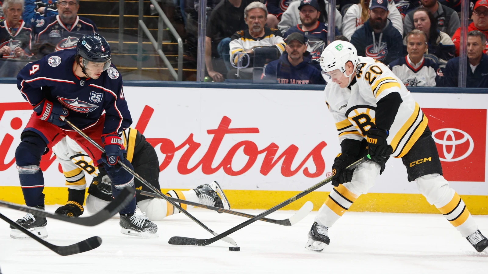 Cole Sillinger moves the puck for Columbus against Boston on April 12, 2026. File photo.