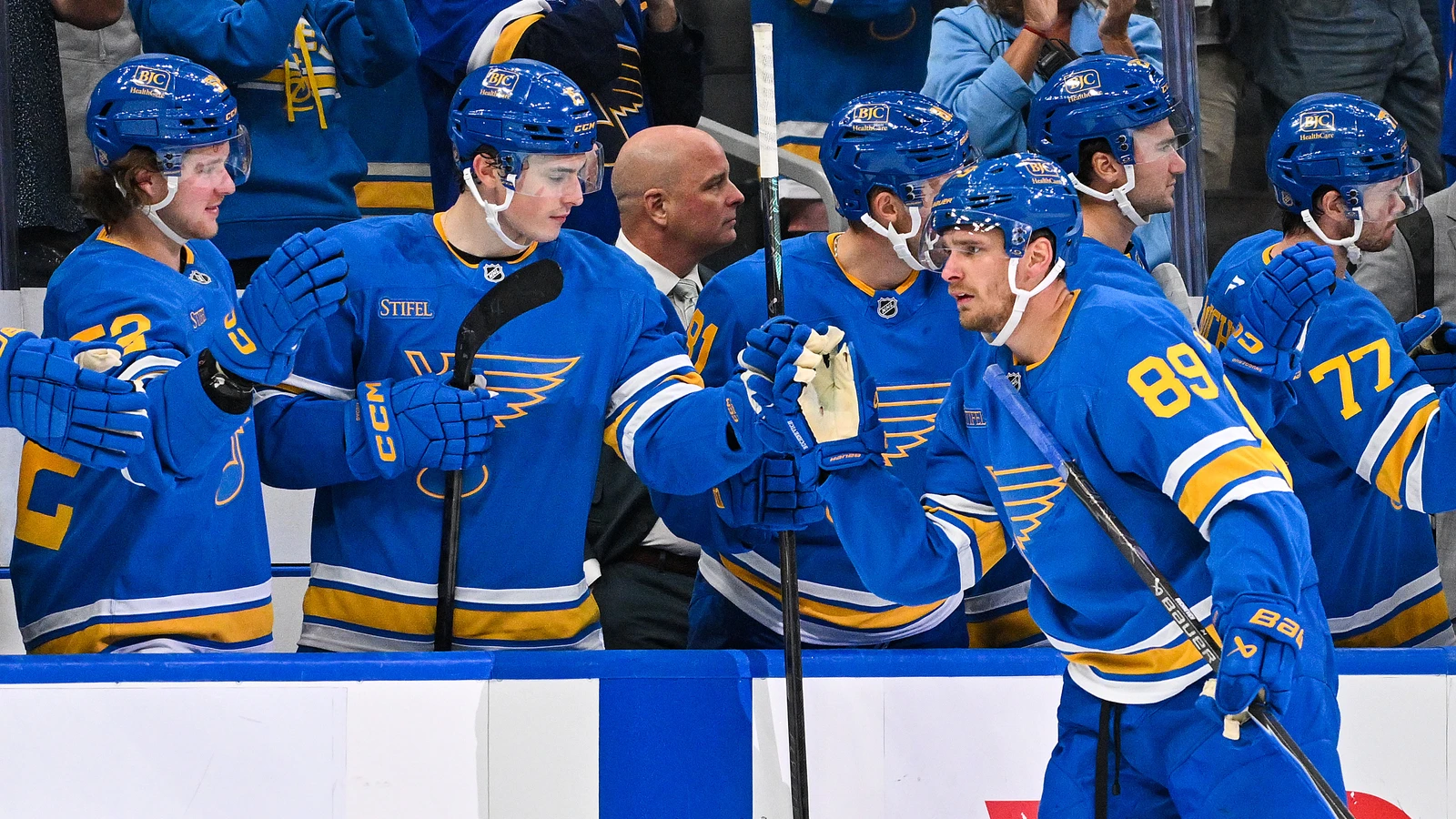 File photo: St. Louis Blues forward Pavel Buchnevich celebrates a goal with teammates at the bench.