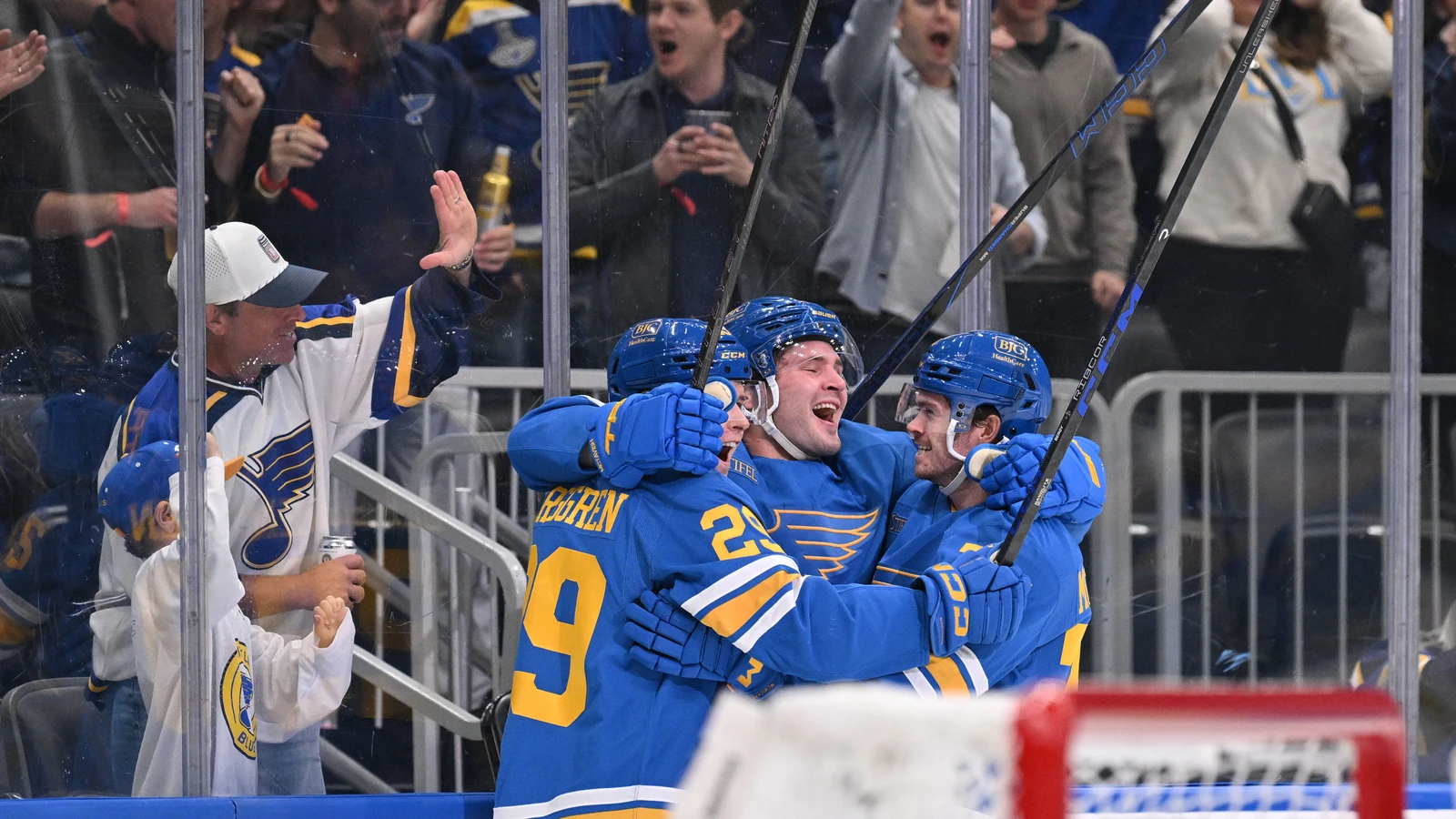 File photo: St. Louis Blues players celebrate a goal in front of fans at Enterprise Center.