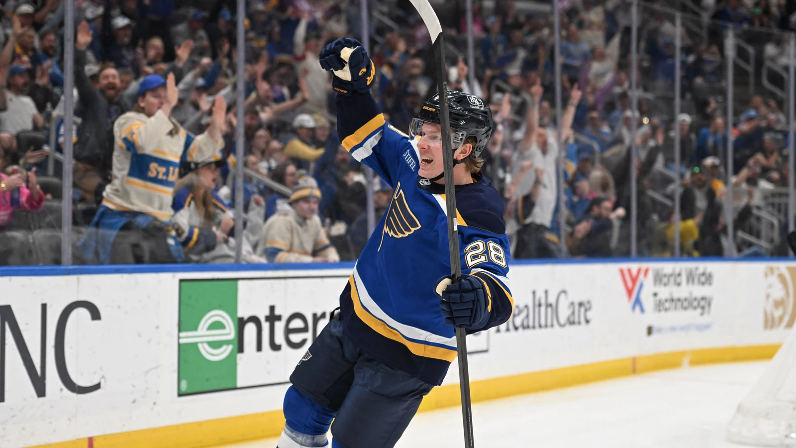 File photo: St. Louis Blues centre Otto Stenberg celebrates a goal against the Minnesota Wild in St. Louis on April 13, 2026.