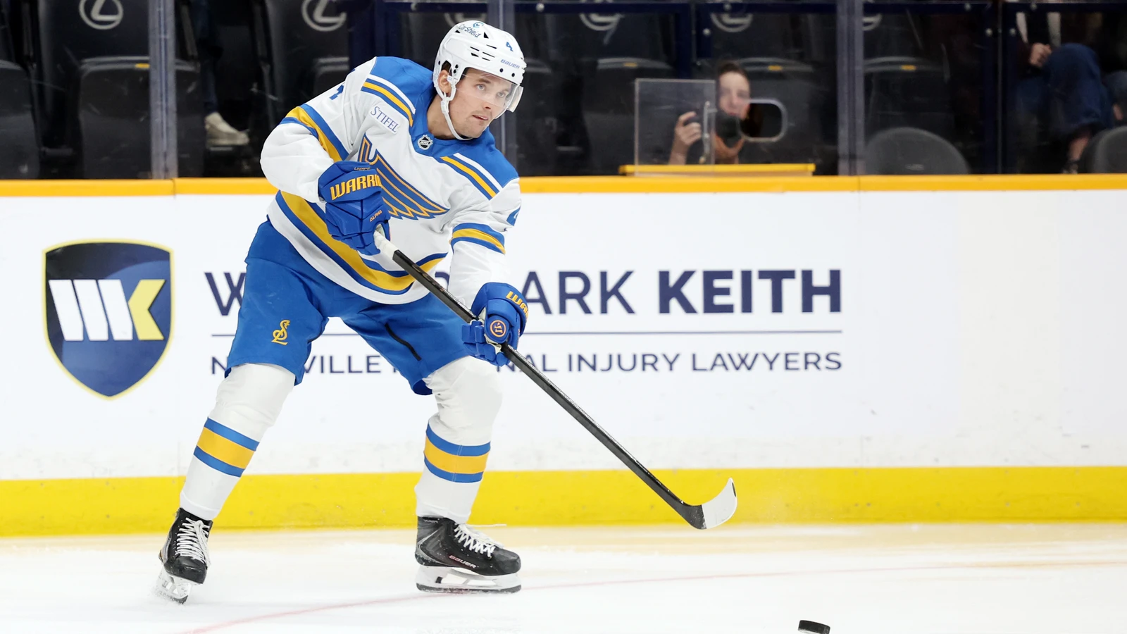 File photo: St. Louis Blues defenceman Theo Lindstein passes the puck against the Nashville Predators at Bridgestone Arena.