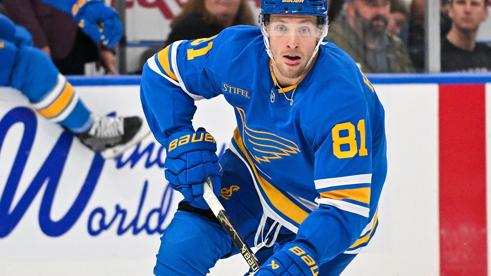 File photo: St. Louis Blues forward Dylan Holloway controls the puck against the Columbus Blue Jackets at Enterprise Center.
