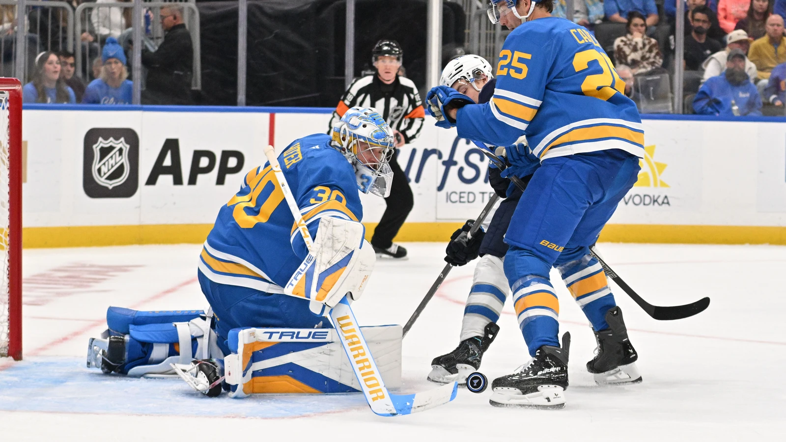 File photo: St. Louis Blues players defend their net against the Winnipeg Jets at Enterprise Center.