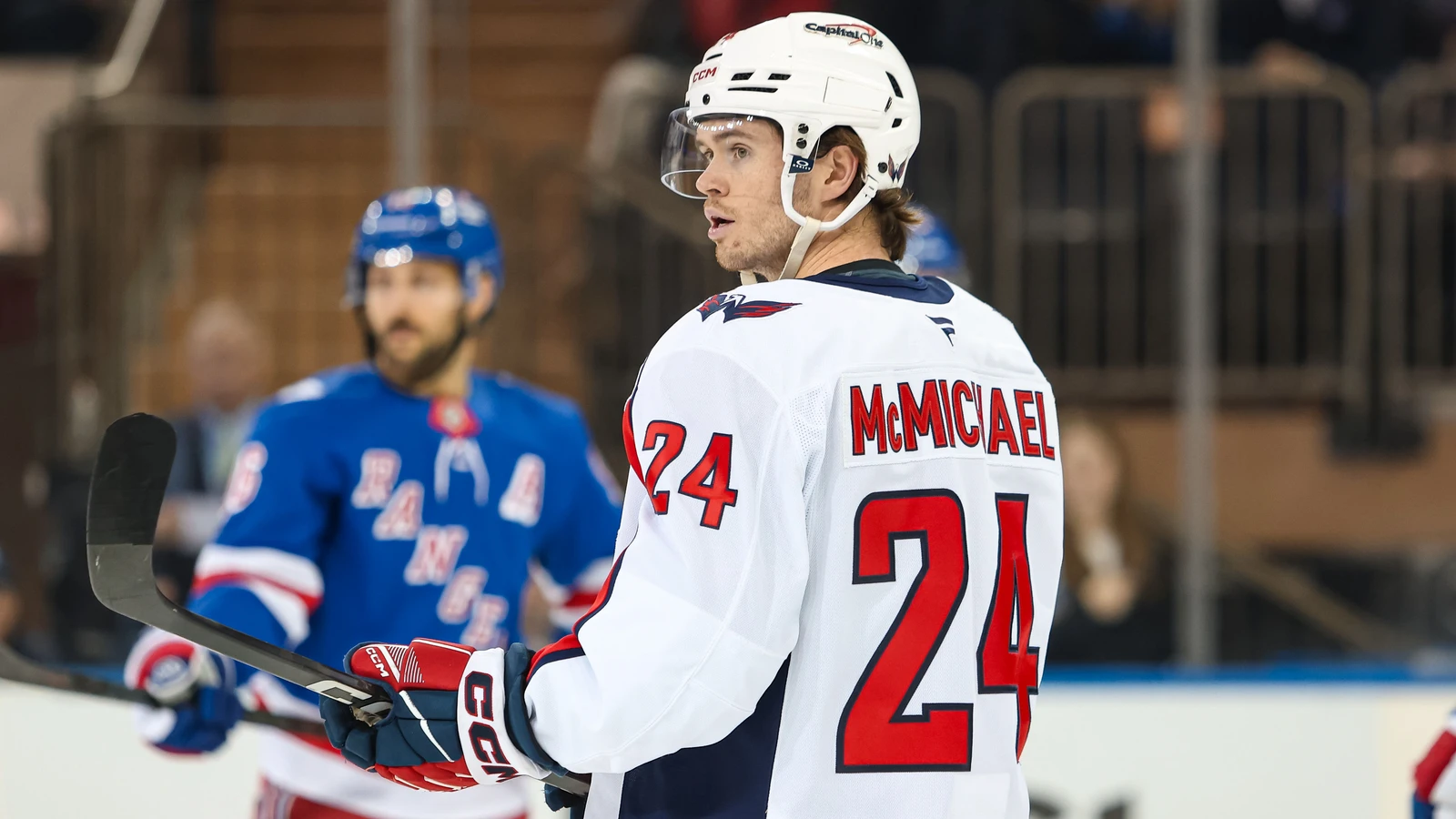 Connor McMichael skates for Washington against the New York Rangers on April 5, 2026. File photo.