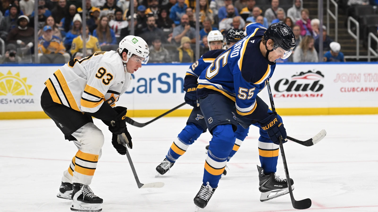 File photo: St. Louis Blues defenceman Colton Parayko controls the puck under pressure from Boston Bruins centre Fraser Minten at Enterprise Center.
