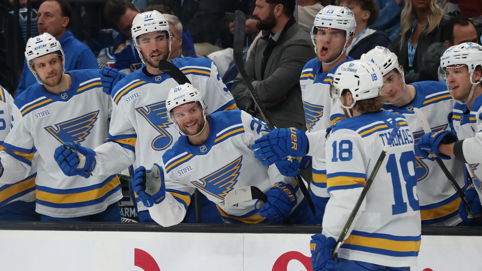 Robert Thomas celebrates a goal with St. Louis teammates against Utah on April 16, 2026. File photo.