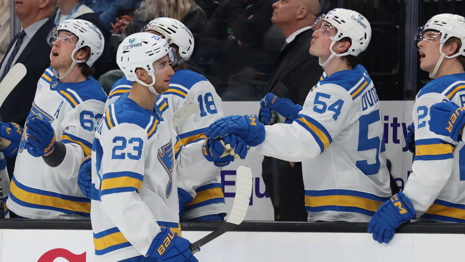 File photo: St. Louis Blues defenceman Logan Mailloux celebrates with teammates after scoring against the Utah Mammoth in Salt Lake City on April 16, 2026.