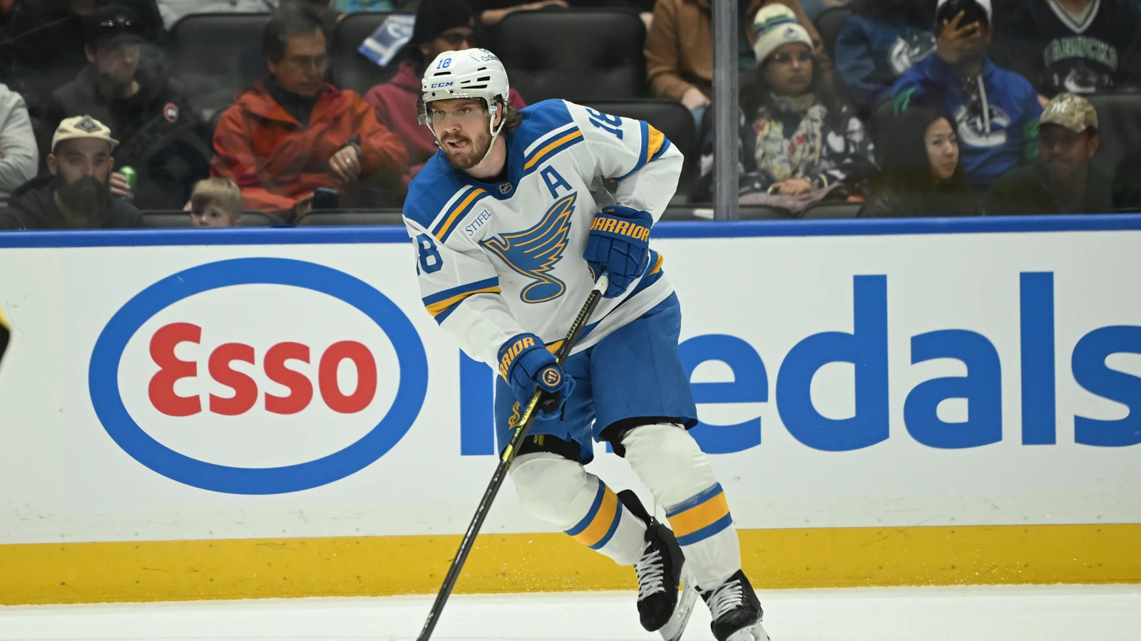 File photo: St. Louis Blues centre Robert Thomas skates with the puck against the Vancouver Canucks on March 21, 2026.