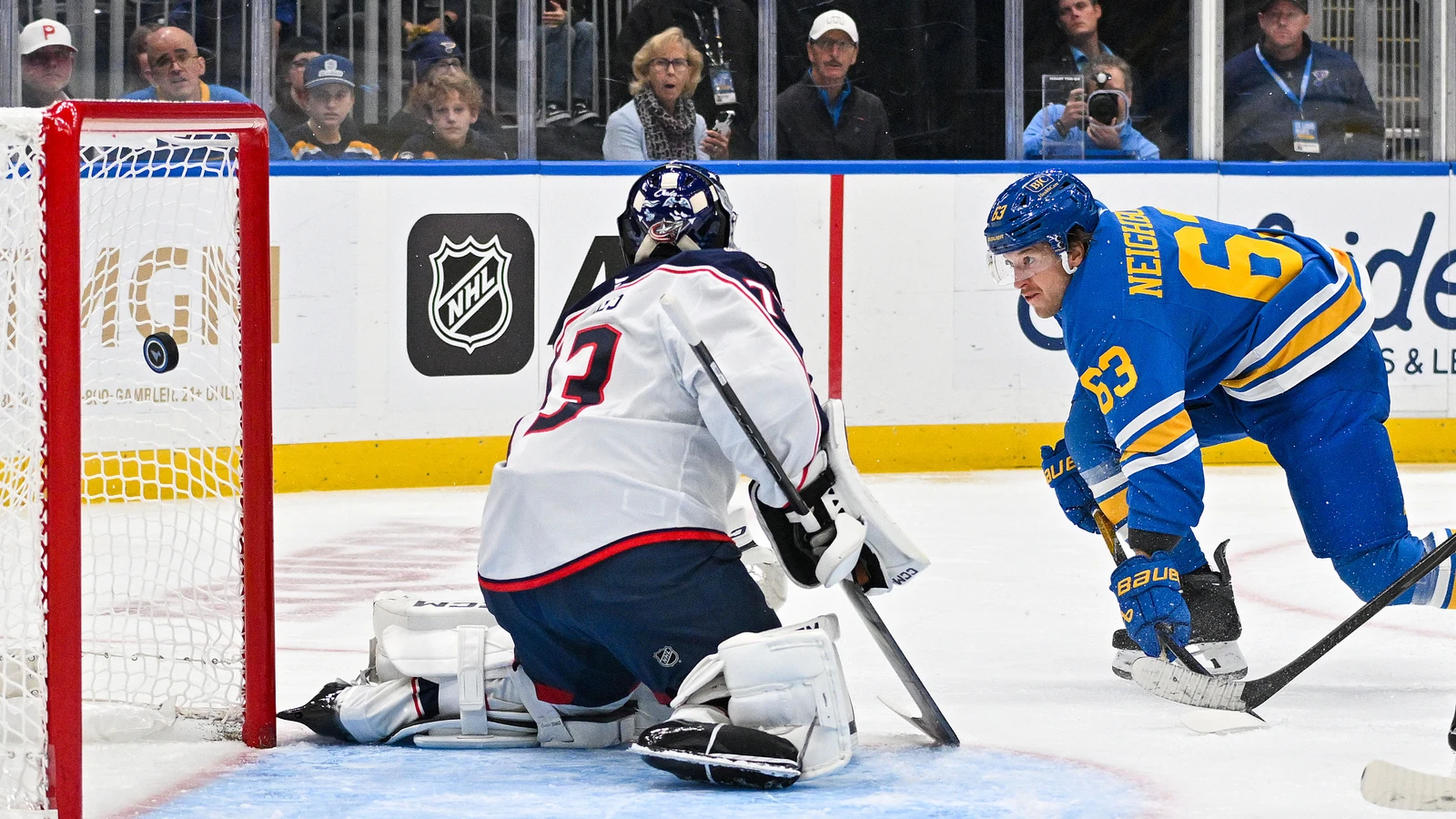 File photo: Blues left wing Jake Neighbours scores against the Blue Jackets at Enterprise Center in St. Louis.