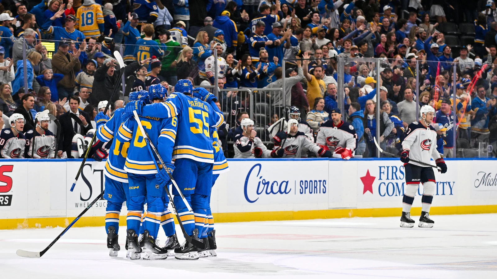 File photo: St. Louis Blues players celebrate a goal at Enterprise Center.