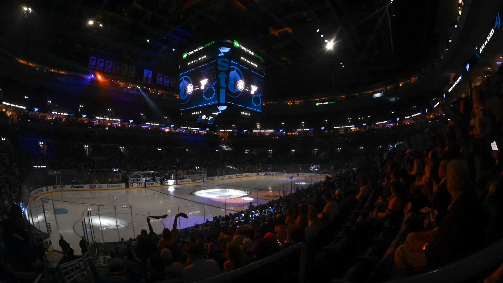 File photo: Pregame spotlights illuminate the ice beneath the Blues scoreboard at Enterprise Center before St. Louis faced Winnipeg in the Stanley Cup playoffs on May 2, 2025.