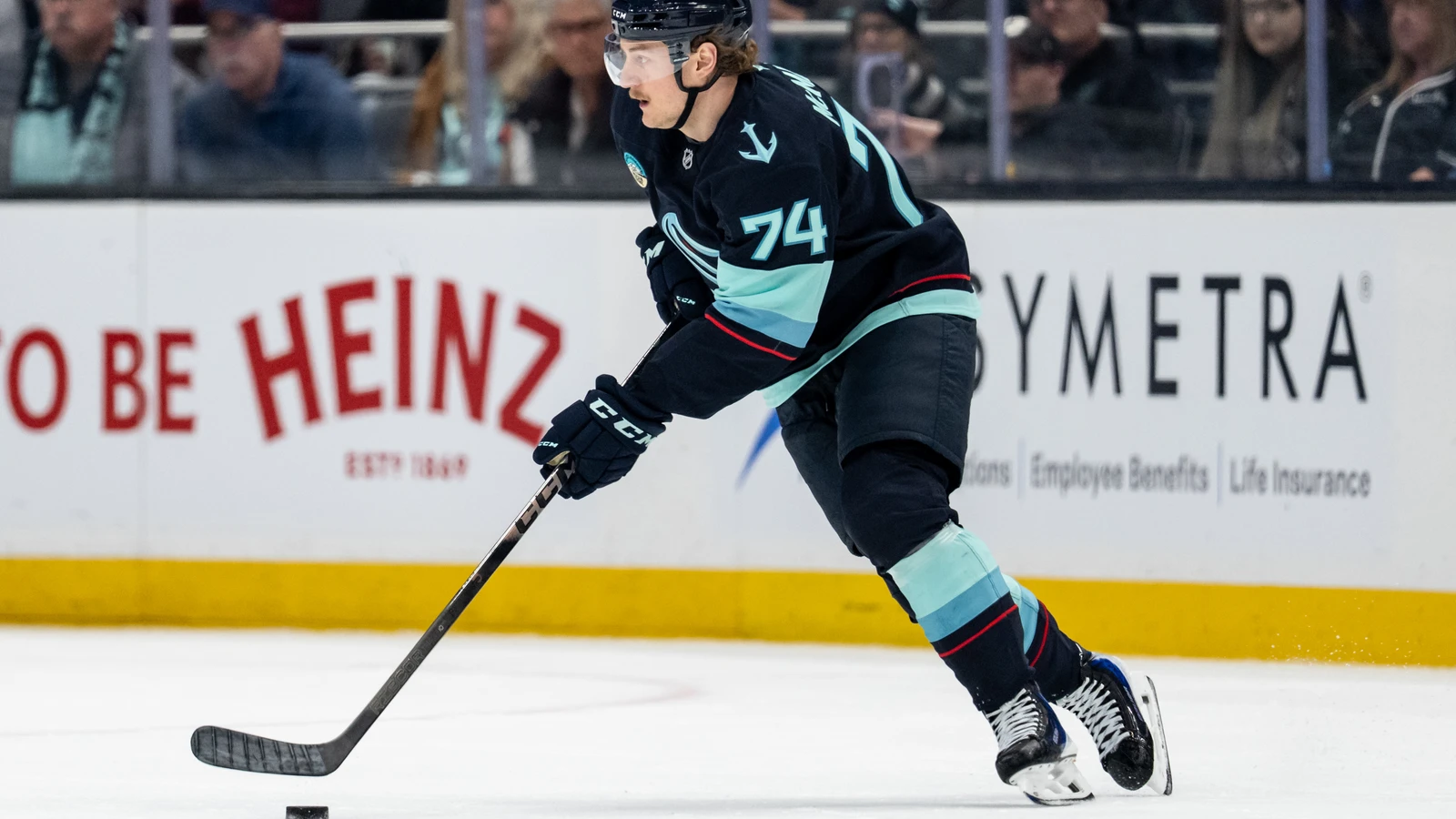 File photo: Seattle Kraken forward Bobby McMann (74) skates with the puck against Los Angeles at Climate Pledge Arena on Apr. 13, 2026.