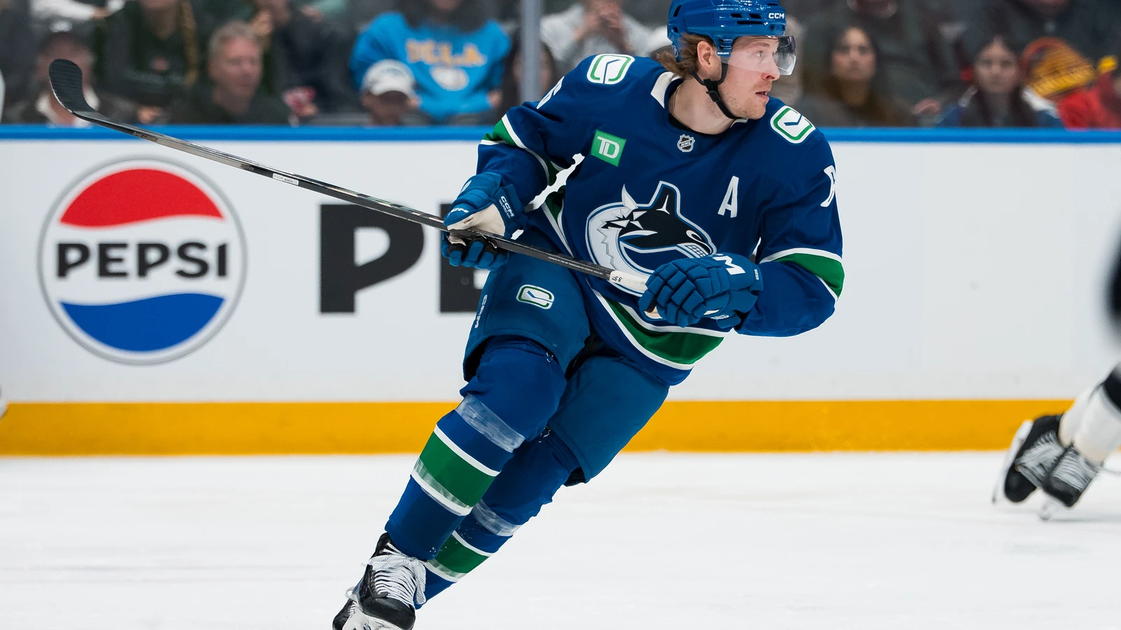 Brock Boeser skates for Vancouver against Los Angeles on April 14, 2026. File photo.