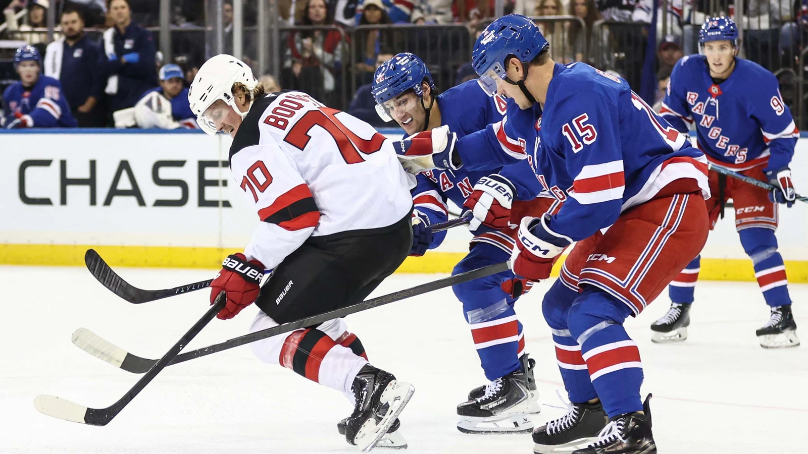 File photo: New Jersey Devils centre Jesper Boqvist battles for the puck during a pre-season game against the New York Rangers at Madison Square Garden on September 24, 2026.