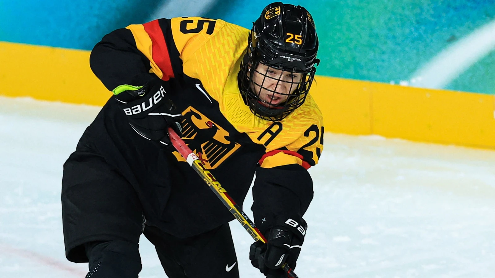 Laura Kluge skates for Germany against Japan at the 2026 Winter Olympics in Milan. File photo; Abby Newhook is not pictured.
