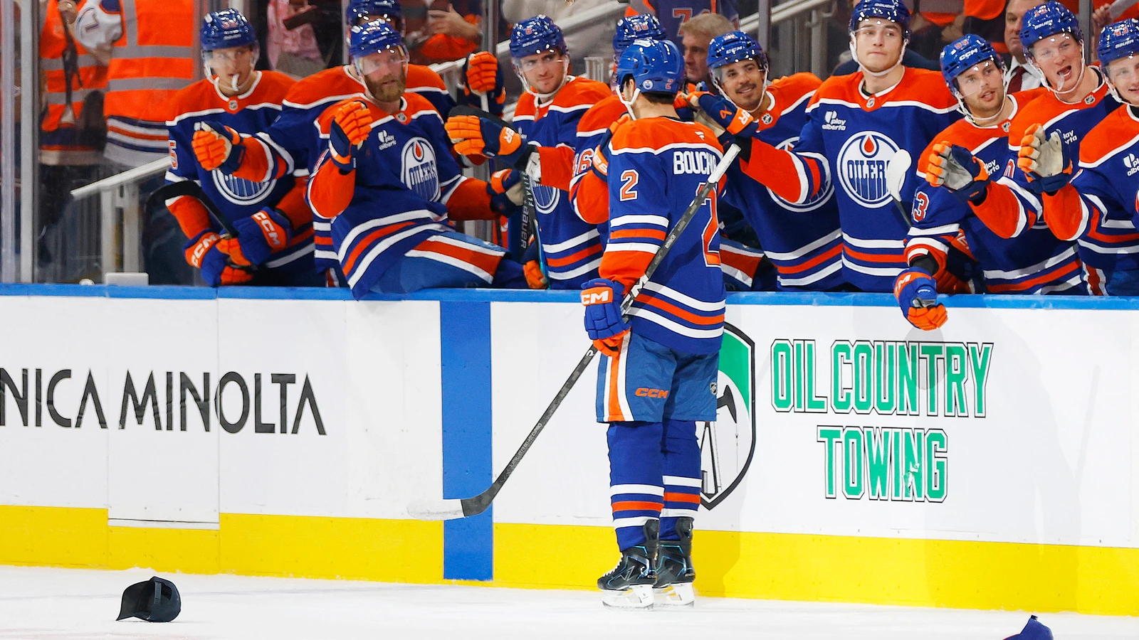 Edmonton Oilers defenceman Evan Bouchard (2) celebrates his third goal against the Vancouver Canucks with teammates at Rogers Place on Sept. 29, 2026.