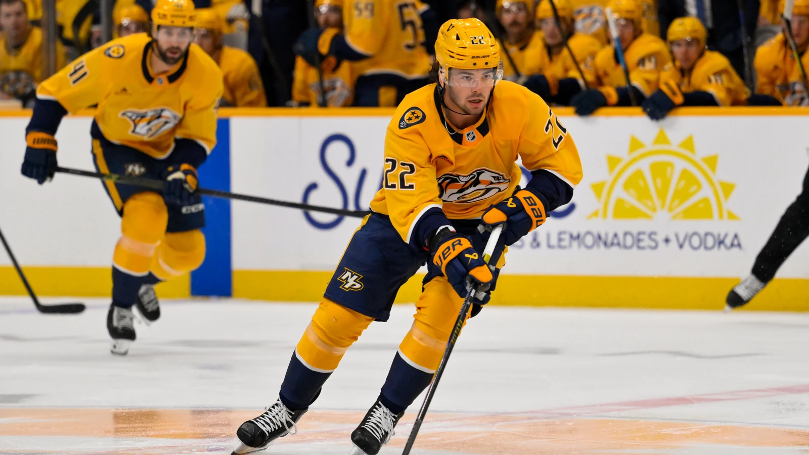 File photo: Nashville Predators centre Mavrik Bourque skates with the puck against the Minnesota Wild.