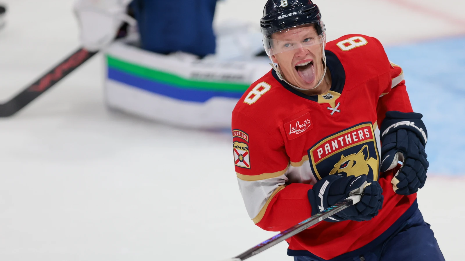 File photo: Florida Panthers forward Brady Tkachuk celebrates his overtime winner against the Vancouver Canucks at Amerant Bank Arena.
